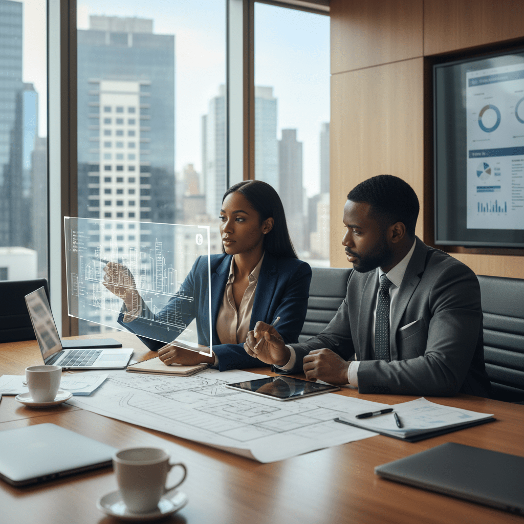 Two professionals analyze holographic architectural plans and blueprints in a modern high-rise office.