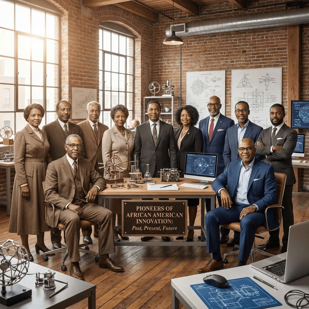 African American innovators with plaque: PIONEERS OF AFRICAN AMERICAN INNOVATION: Past, Present, Future.