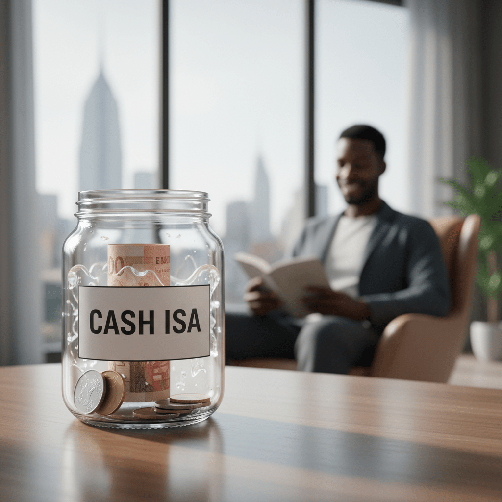 Cash ISA jar, Black person background focus ISA