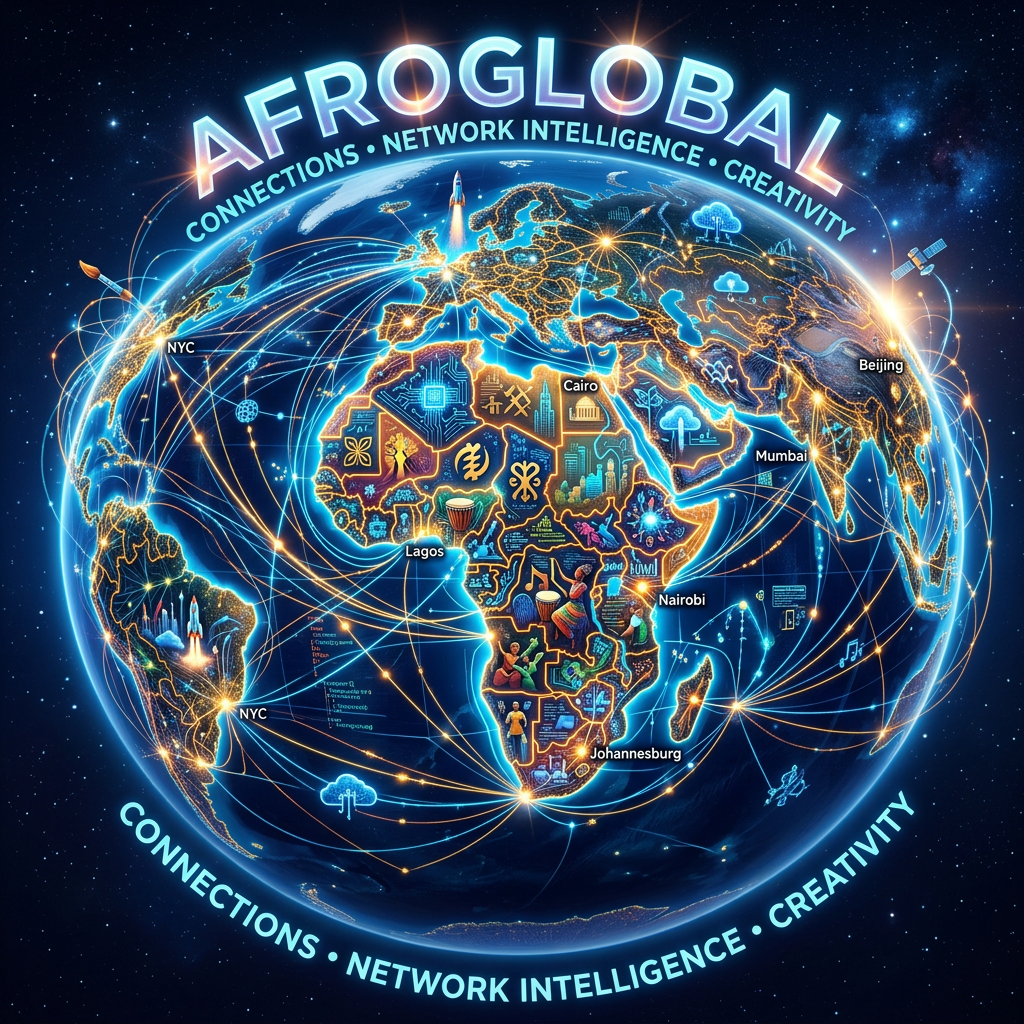 Globe showing AfroGlobal connections linking cities such as Lagos, Nairobi, Johannesburg, Cairo, Mumbai, Beijing, and NYC
