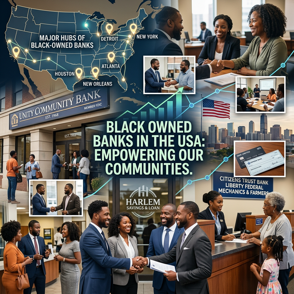 Map of major hubs of Black-owned banks in the USA with images of diverse people engaging in banking activities
