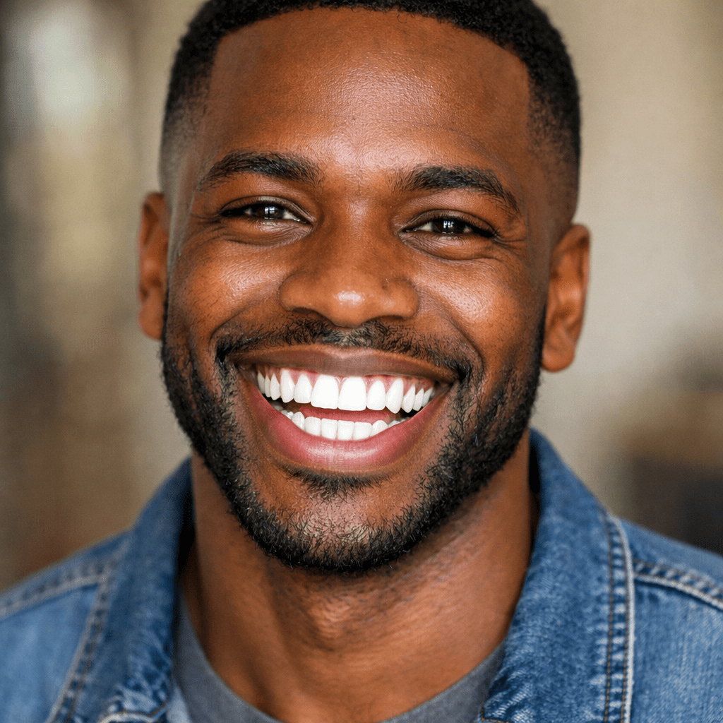 Close-up of a man smiling broadly with white teeth in a denim jacket