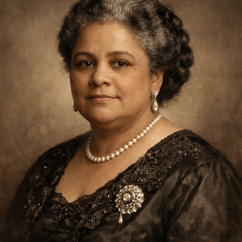 Woman in vintage black dress with pearls and brooch