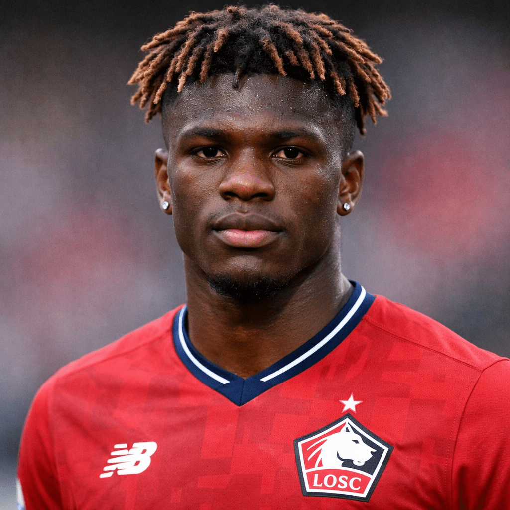 Portrait of a football player wearing a red LOSC Lille jersey
