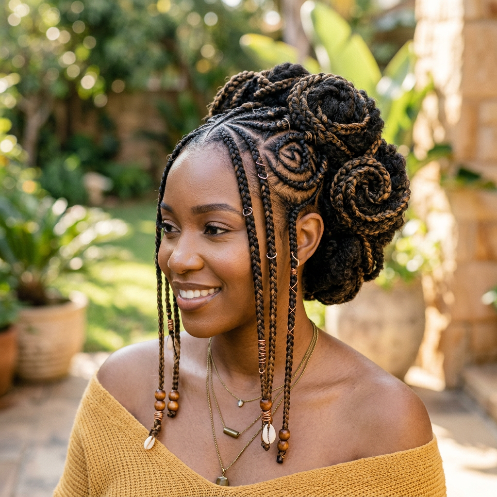 Woman with intricate braided hairstyle adorned with beads and shells, smiling outdoors