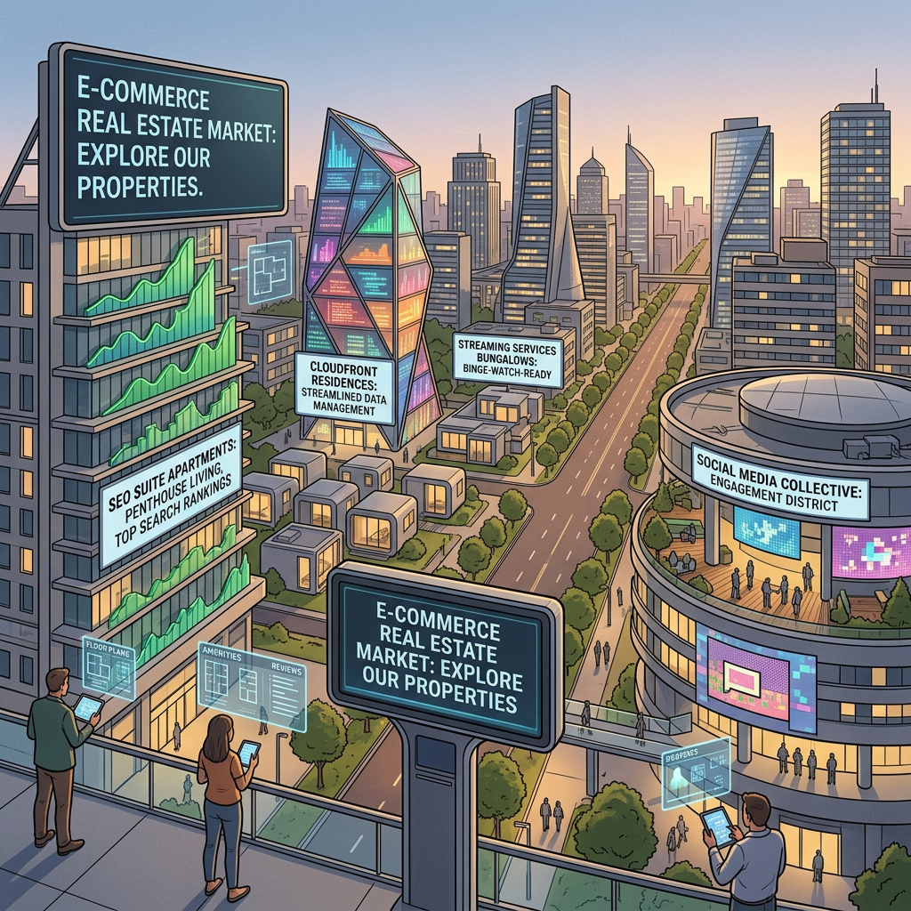 Cityscape with digital real estate ads and people using tablets