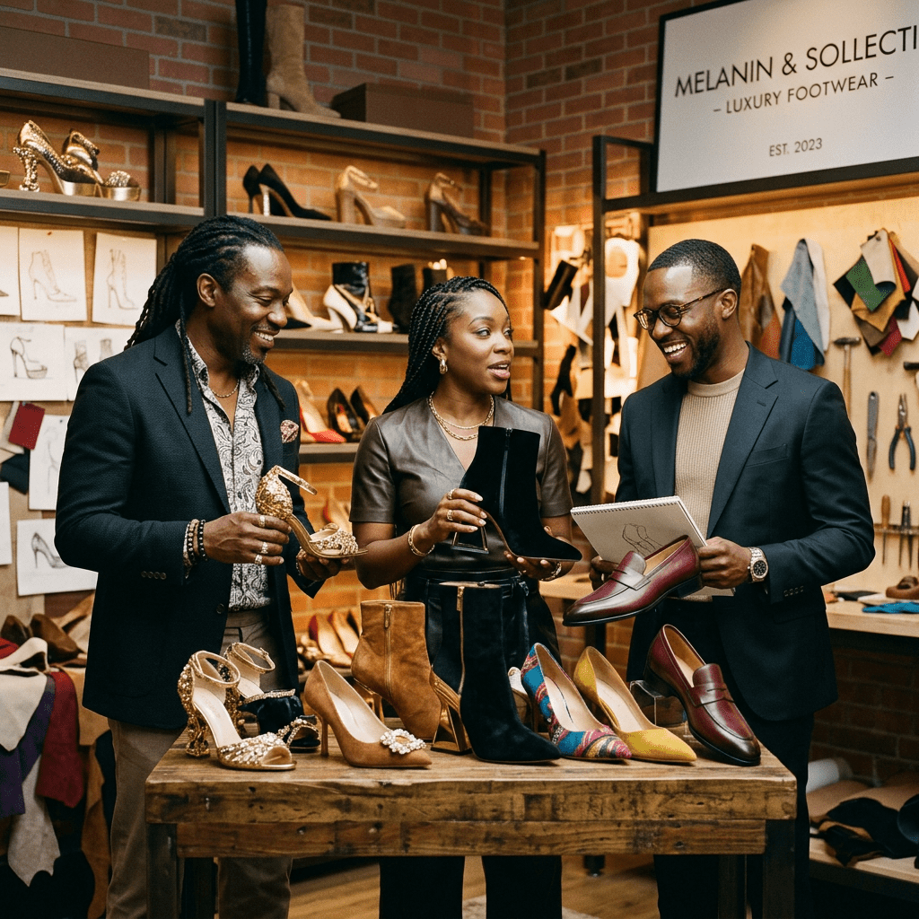 Three designers discussing and holding various luxury shoes in a studio