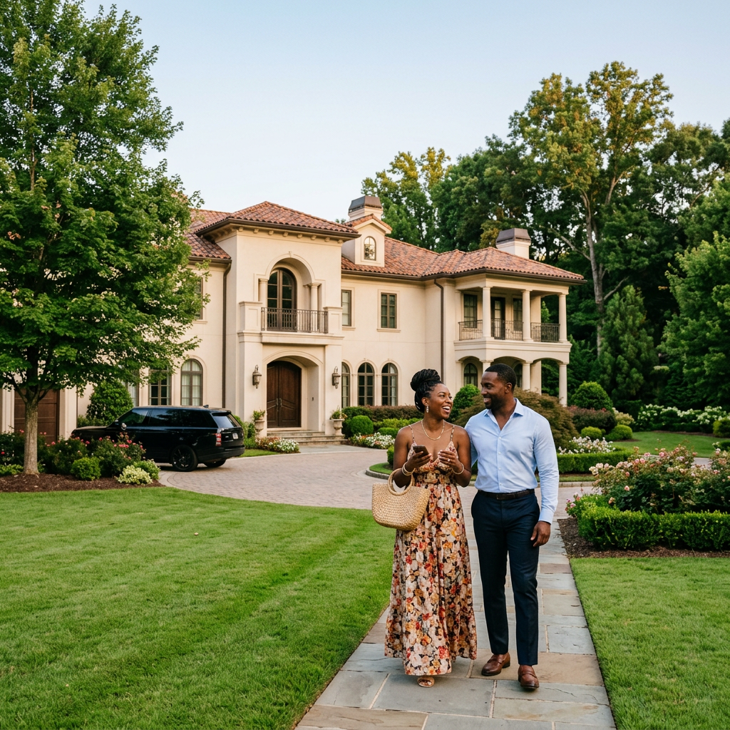 Couple walking and smiling on stone path outside large luxury house with garden