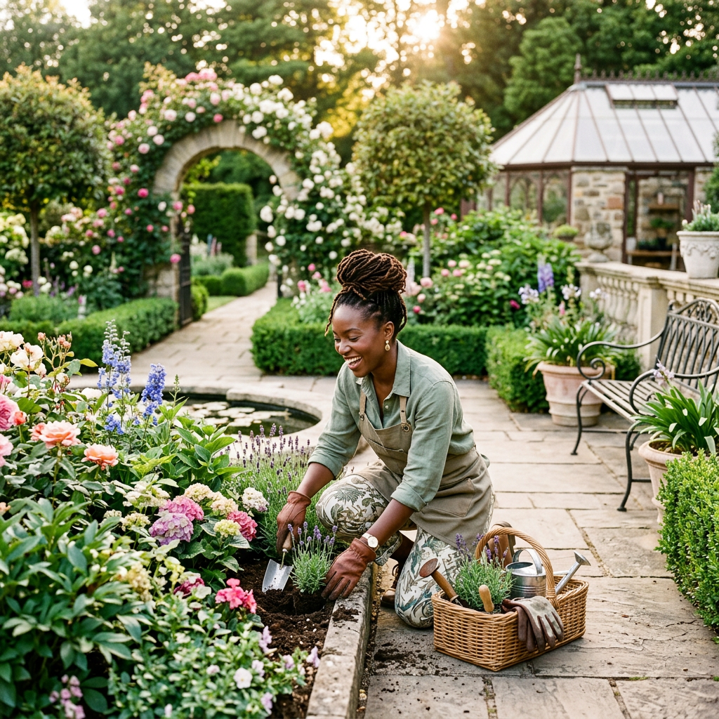 A woman planting flowers in a formal garden with colorful blooms and trimmed hedges