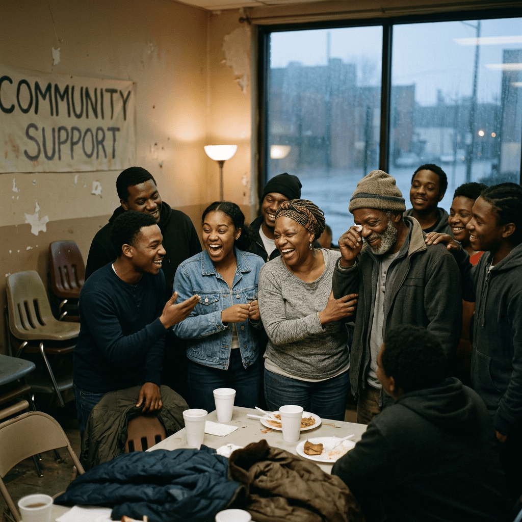 Group of diverse people laughing and enjoying time in community support setting