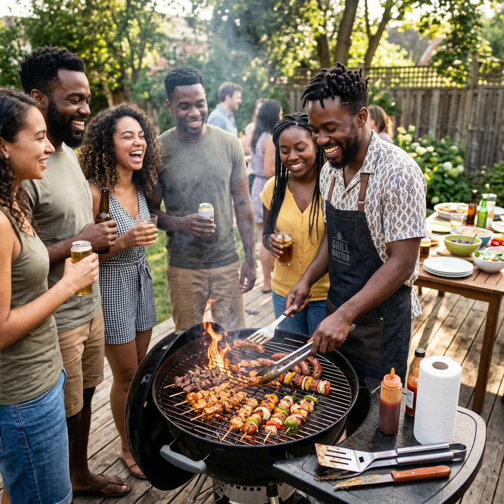 Group of friends gathered around a grill with skewers and sausages cooking