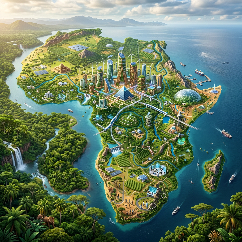 Map of Africa with futuristic sustainable cities, wind turbines, solar panels, and natural landscapes