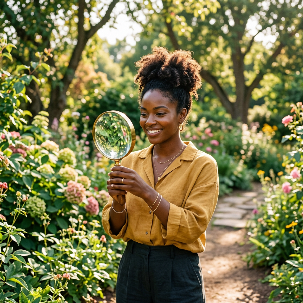 Woman smiling and holding a magnifying glass in a garden with blooming flowers