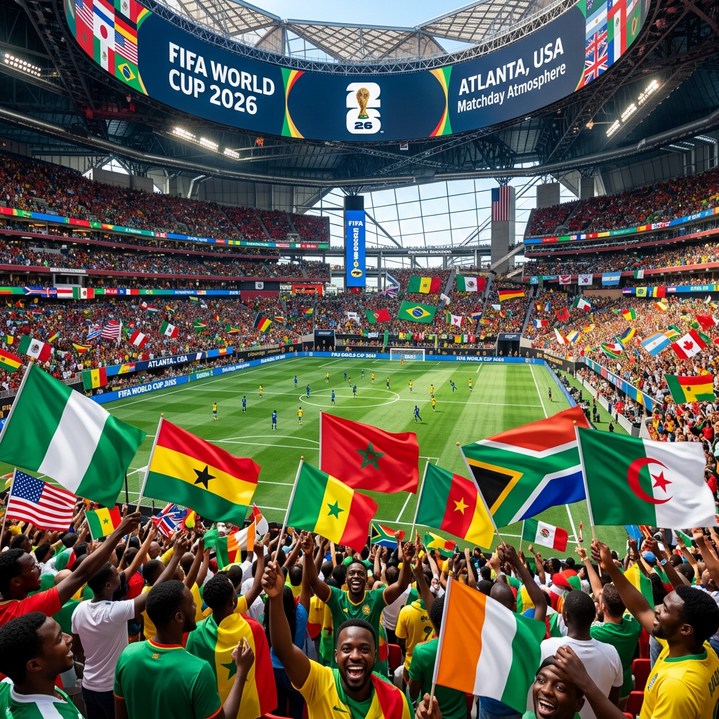 Crowd of diverse soccer fans waving international flags at FIFA World Cup 2026 match in Atlanta stadium