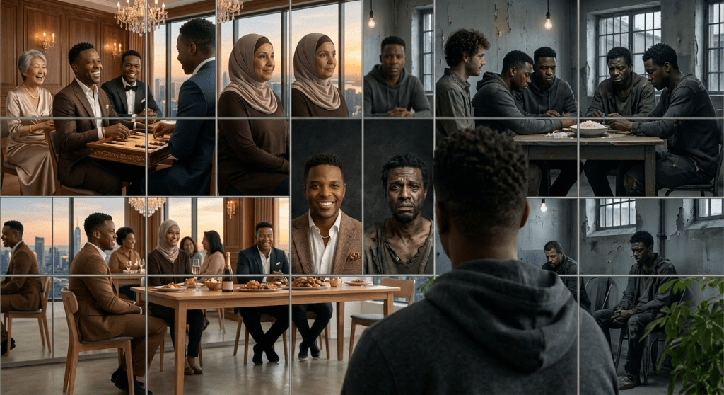 Group of diverse individuals socializing and playing board games in a community center