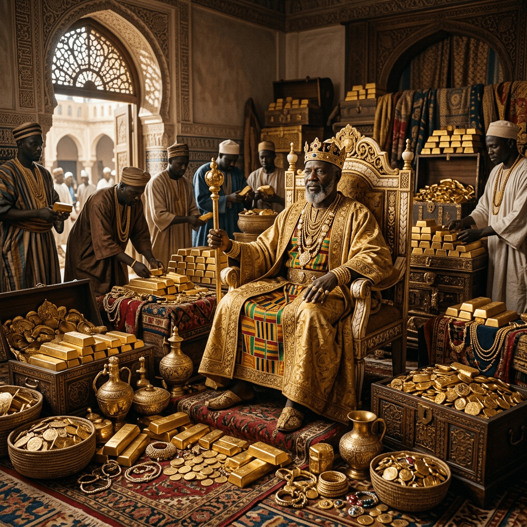 A king in golden royal attire sitting on an ornate throne surrounded by gold bars, coins, and attendants.