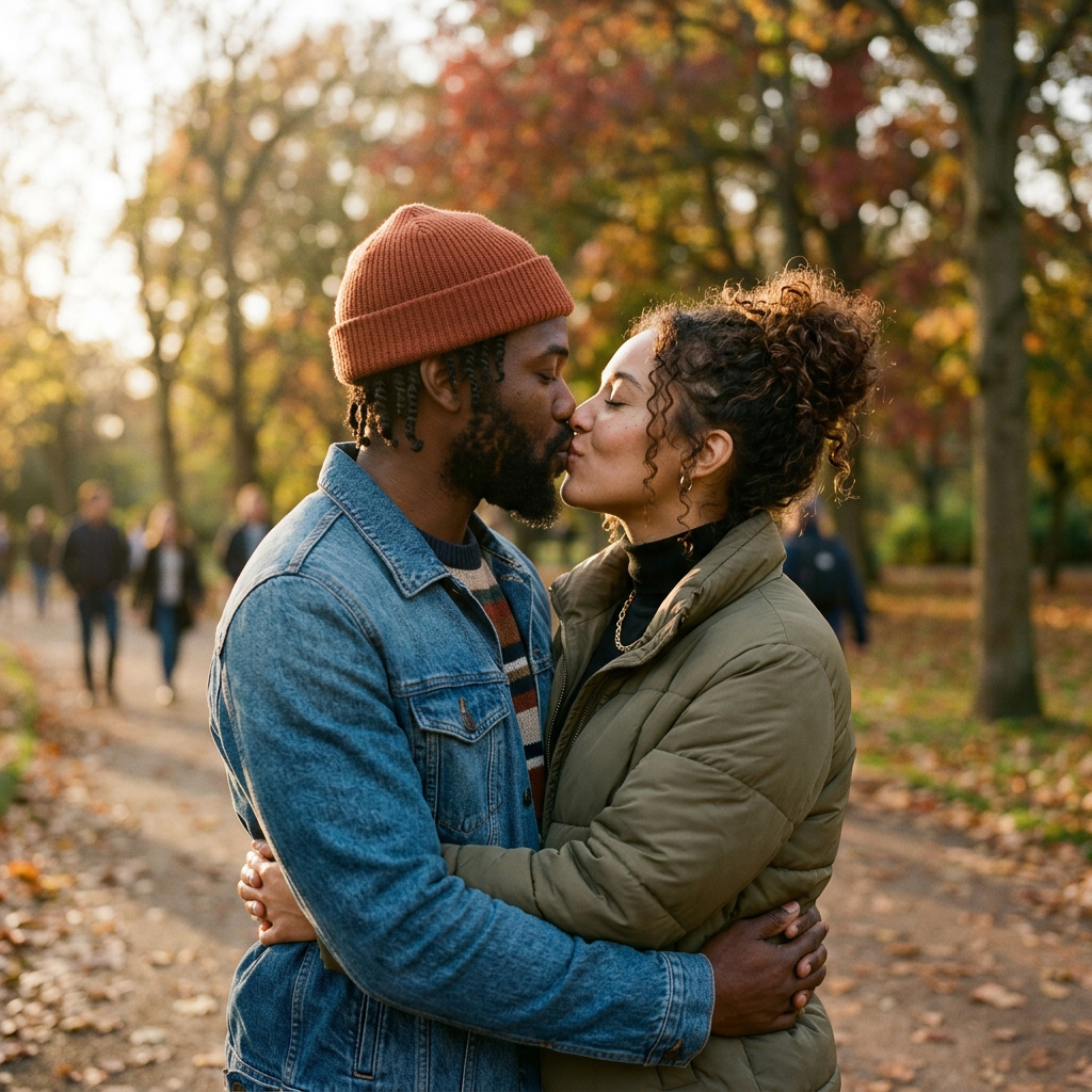 Couple kissing and hugging in autumn park with trees and fallen leaves