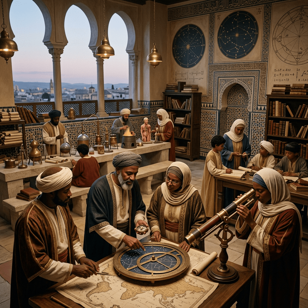 Group of medieval Islamic scholars studying astronomy and medicine with ancient instruments