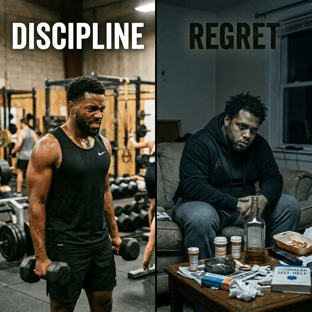 Muscular man lifting dumbbells in gym contrasted with same man sitting on couch looking regretful