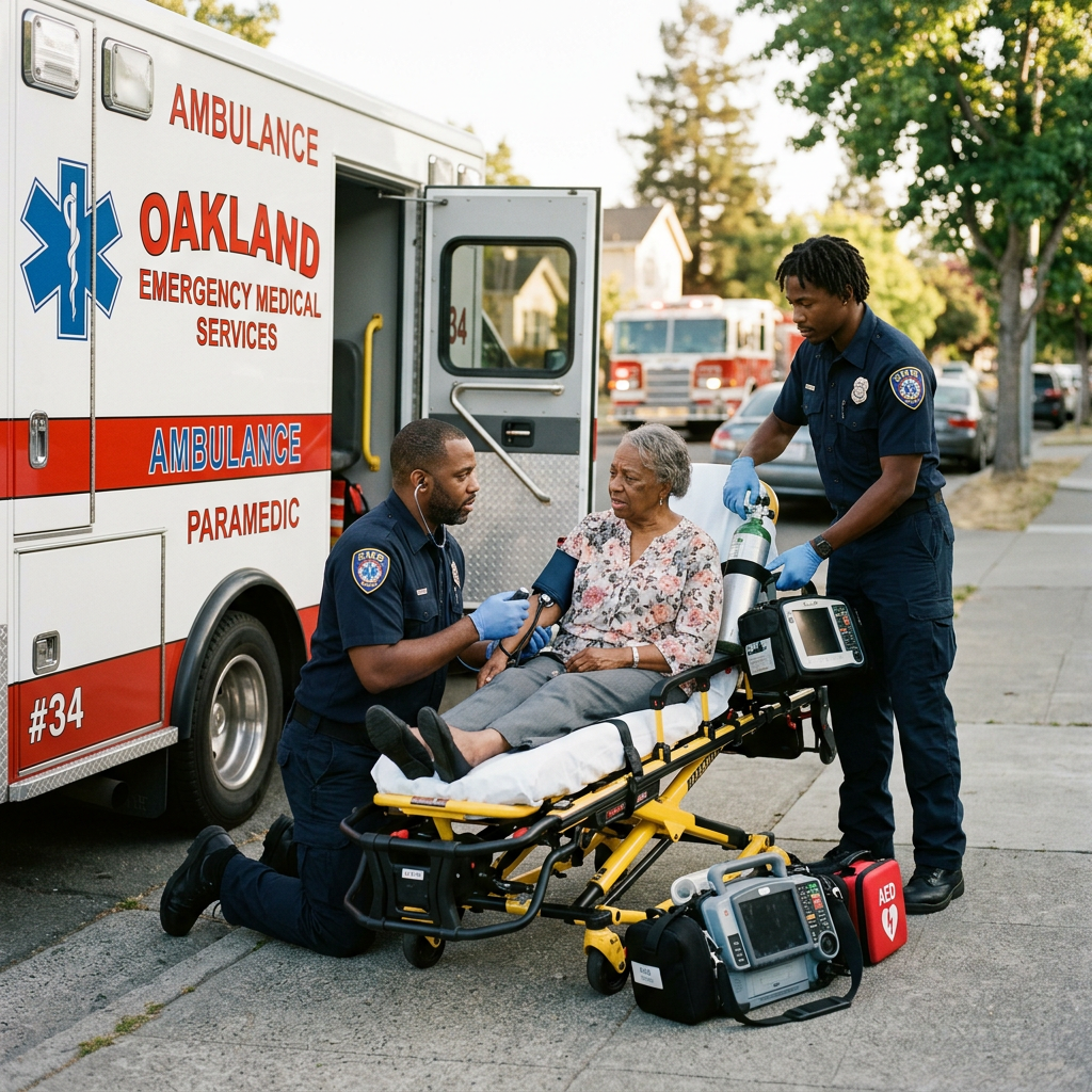 Two paramedics attending to an elderly woman on a stretcher next to an ambulance on a residential street