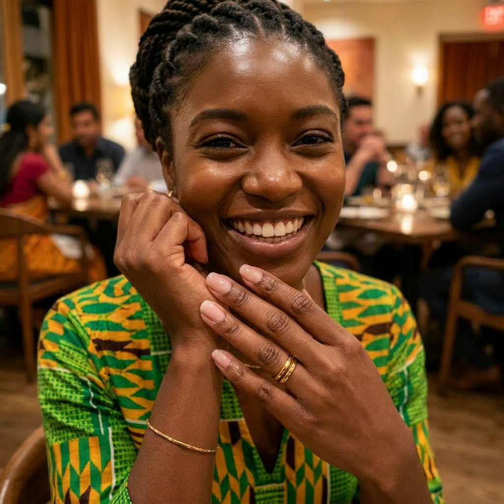 Smiling woman seated at restaurant table with wine glass and plate