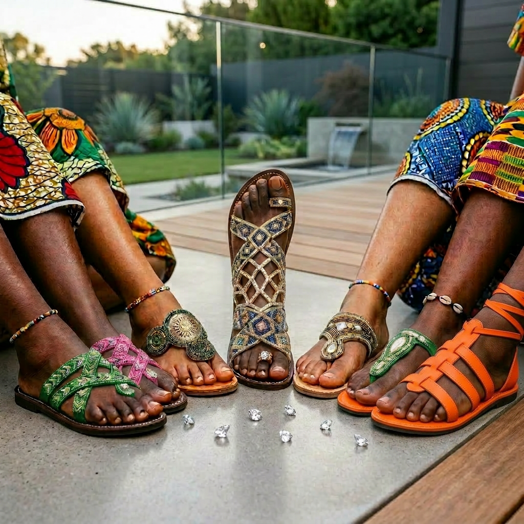 Five pairs of feet wearing vibrant African beaded sandals on a colorful woven mat