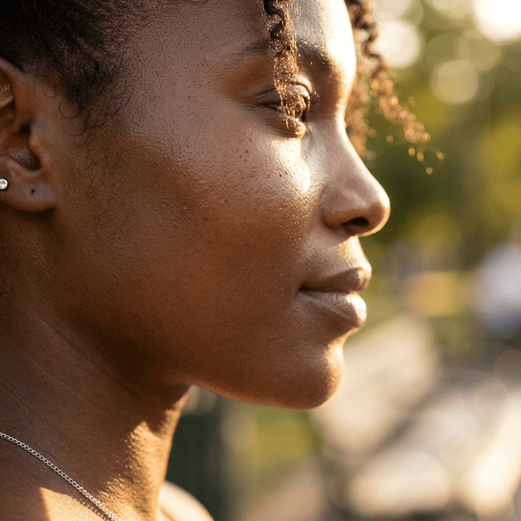 Close-up profile of a woman's face in warm outdoor lighting
