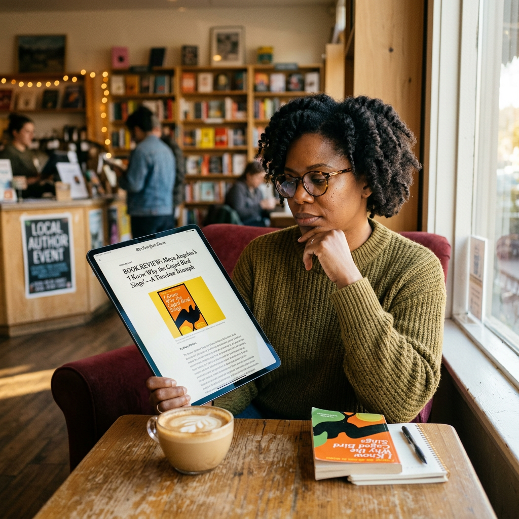 Woman reading a book review on a tablet in a café with a latte and notebook on the table