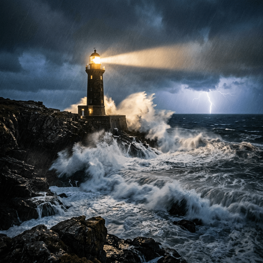 Lighthouse shining light amid heavy rain, turbulent waves, and lightning