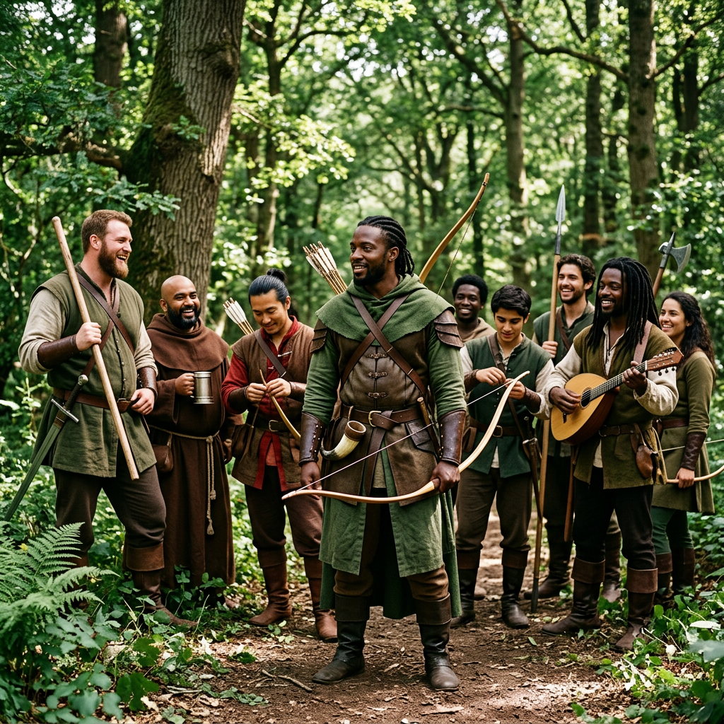 Group of medieval adventurers in forest with bows, spears, and lute
