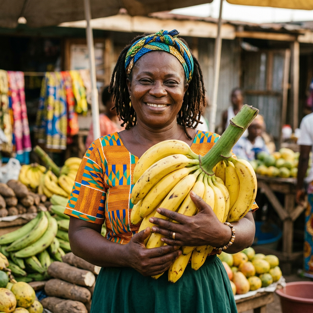 Smiling woman holding a large bunch of ripe yellow bananas at a market stall