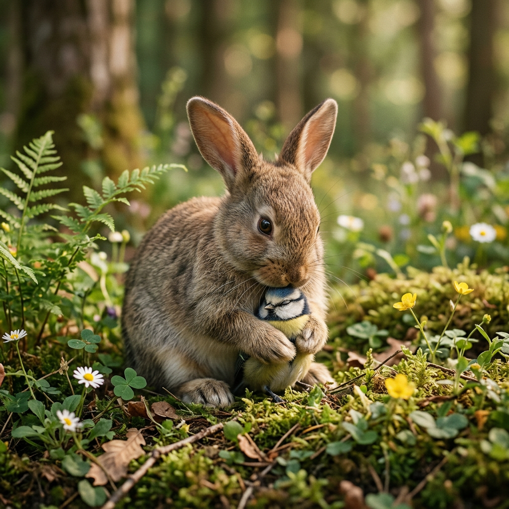 A brown rabbit holding a small blue and yellow bird gently in forest undergrowth