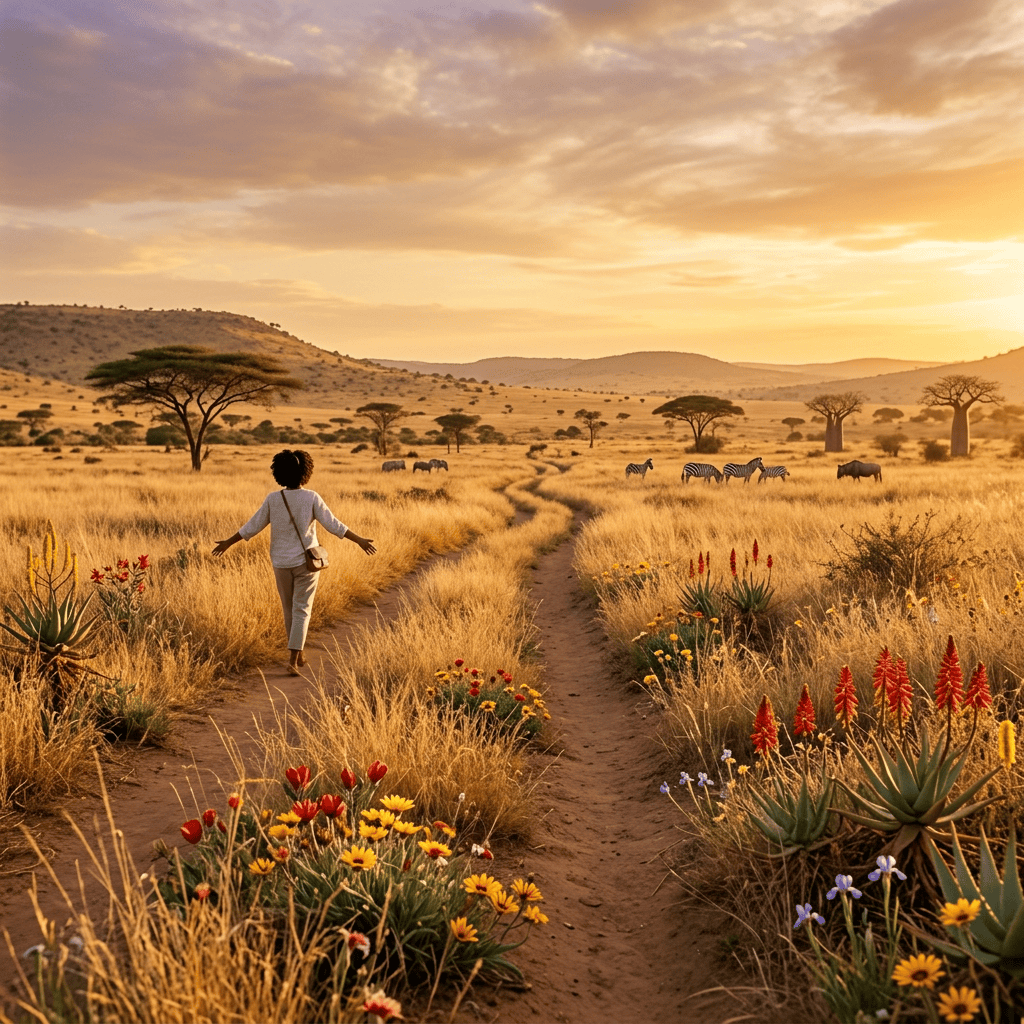 Woman walking along a meadow path surrounded by wildflowers