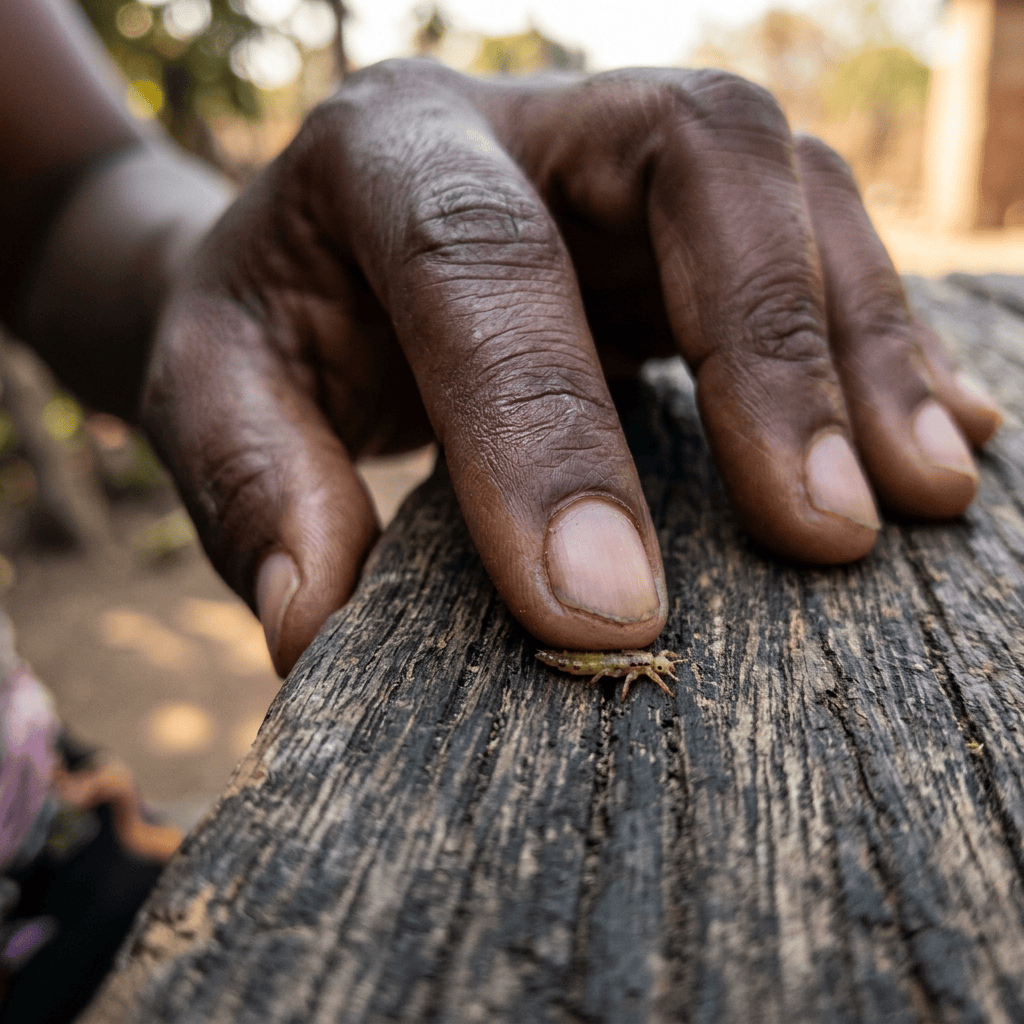 Hand resting near a tiny insect on a weathered wooden log