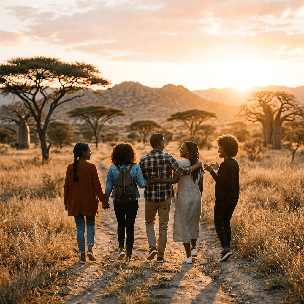 Five friends walking together on a mountain trail at sunset