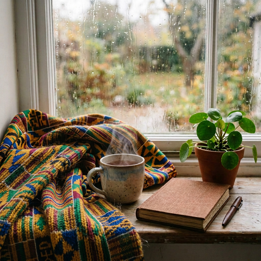 Mug, knitted blanket, book, and potted plant beside a rain-speckled window