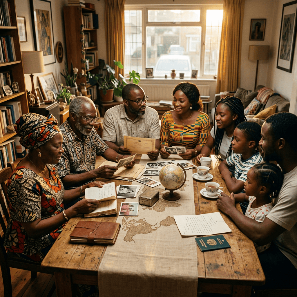 Multigenerational family examining photographs and letters around a dining table