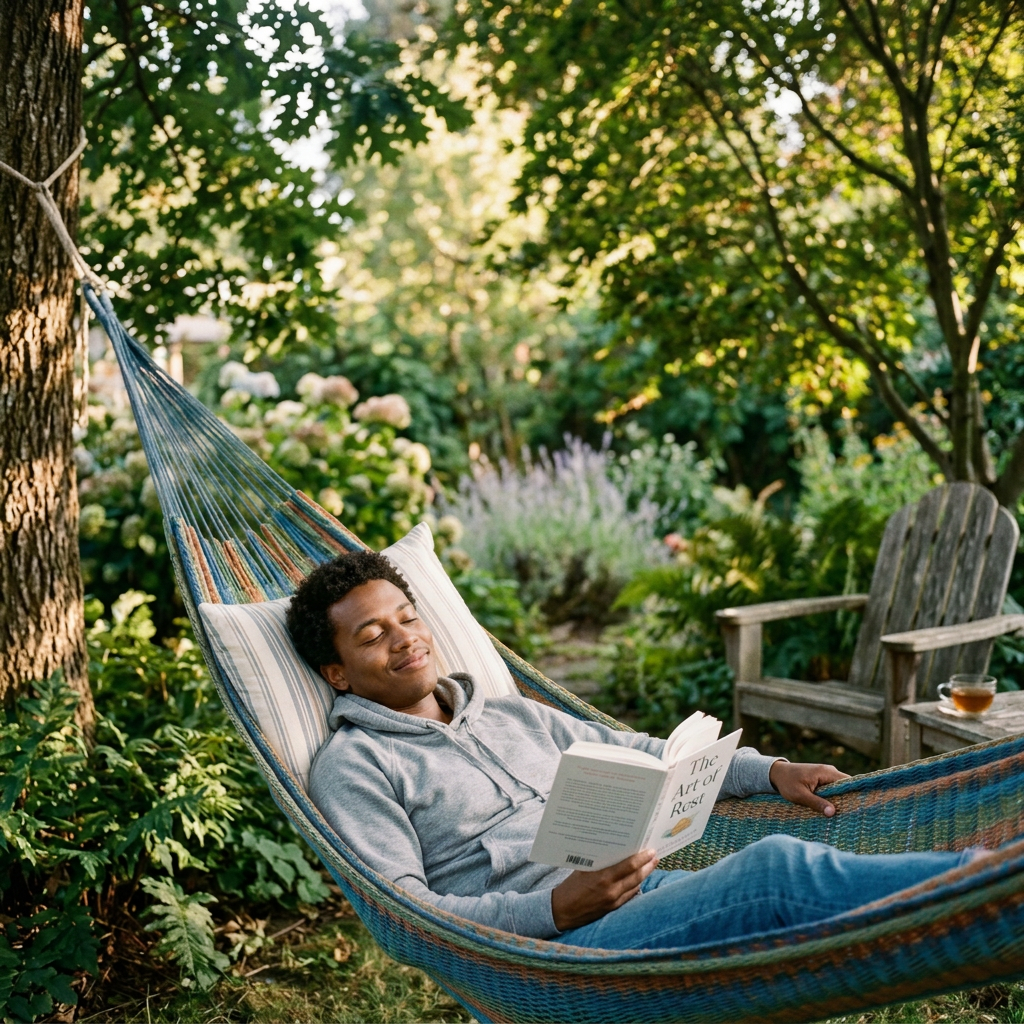 Woman reading The Art of Rest in a garden hammock