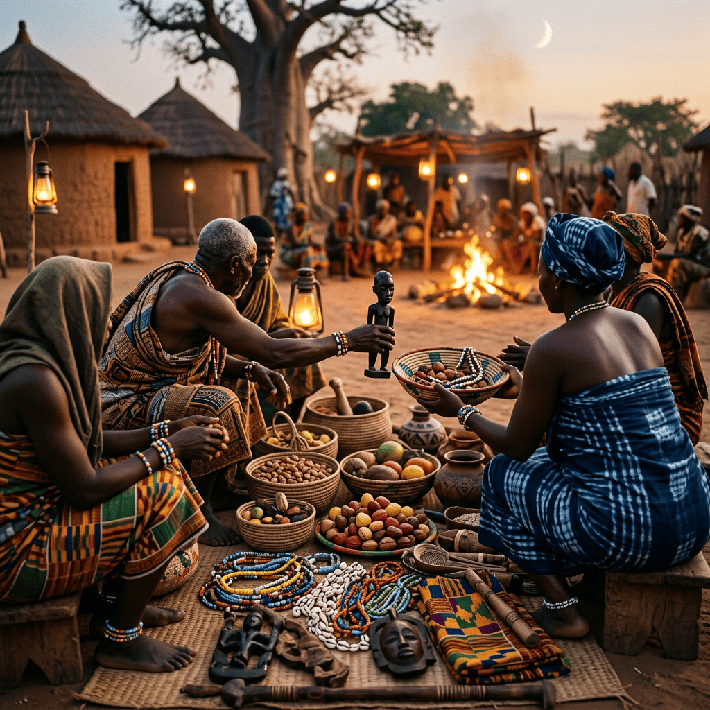 People gathered around crafts and food beside a fire in an African village