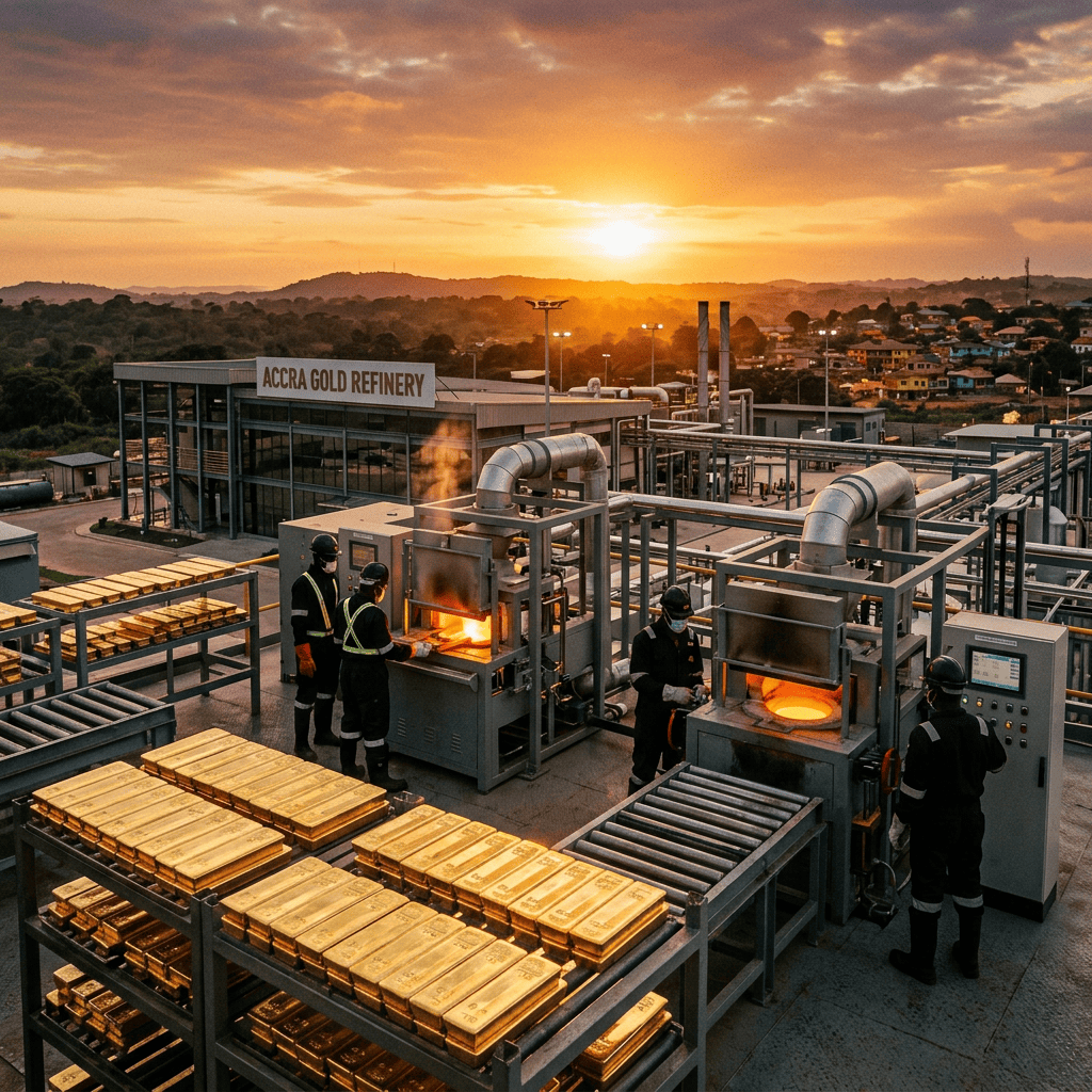 Workers operating equipment beside stacked gold bars at Accra Gold Refinery