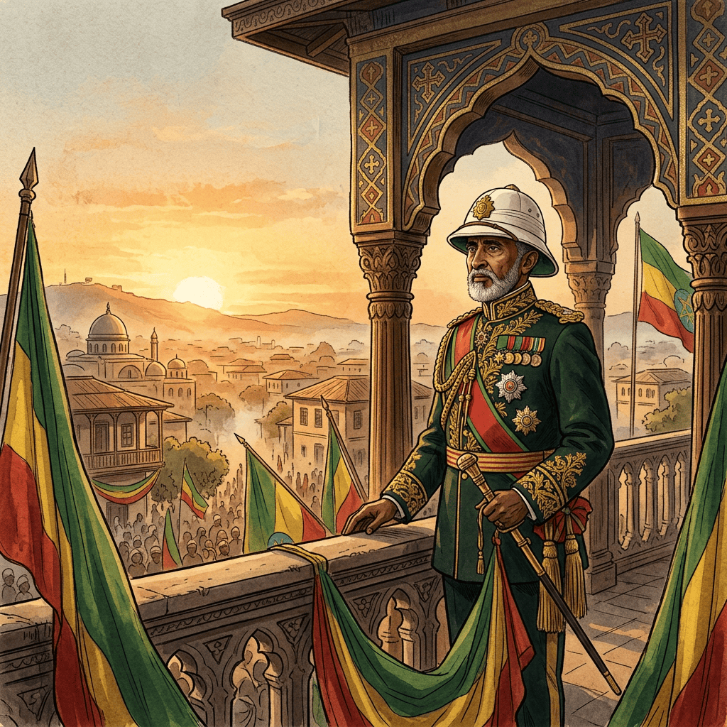 Ethiopian ruler in decorated military uniform overlooking a city gathering