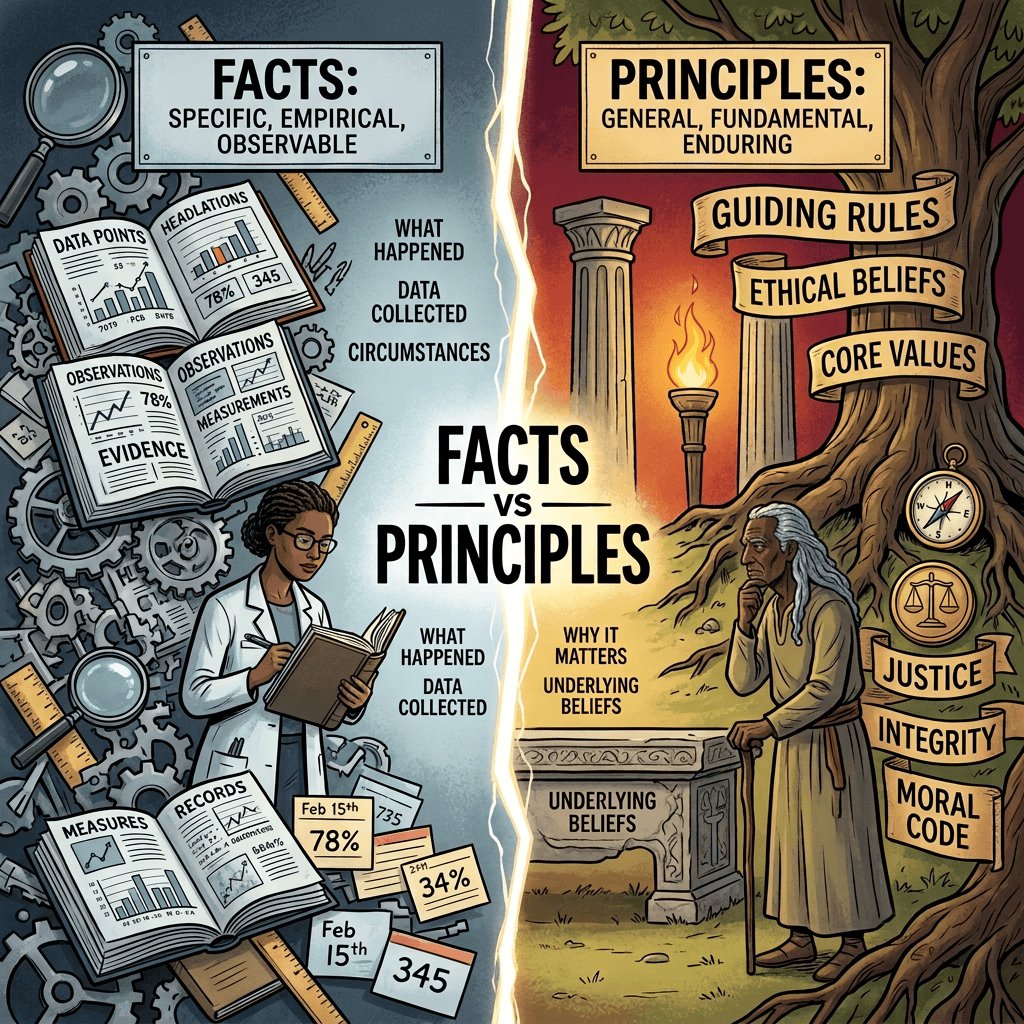Illustration comparing specific observable facts with general enduring principles and ethical values