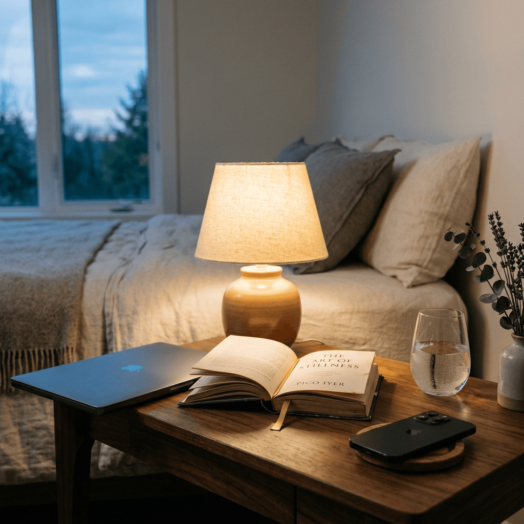 Open book titled The Art of Stillness by Pico Iyer beside a lamp