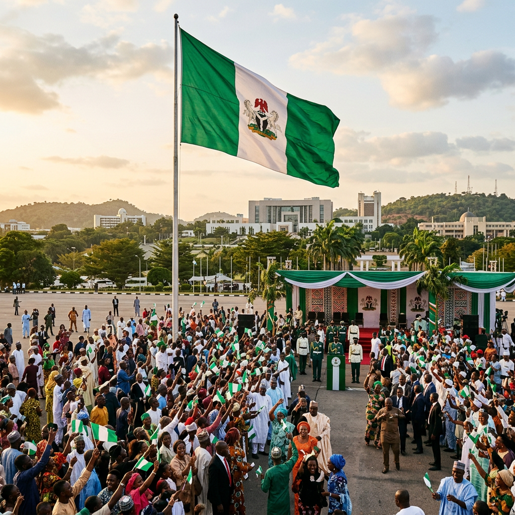Crowd celebrating beneath a green and white flag at a ceremonial stage