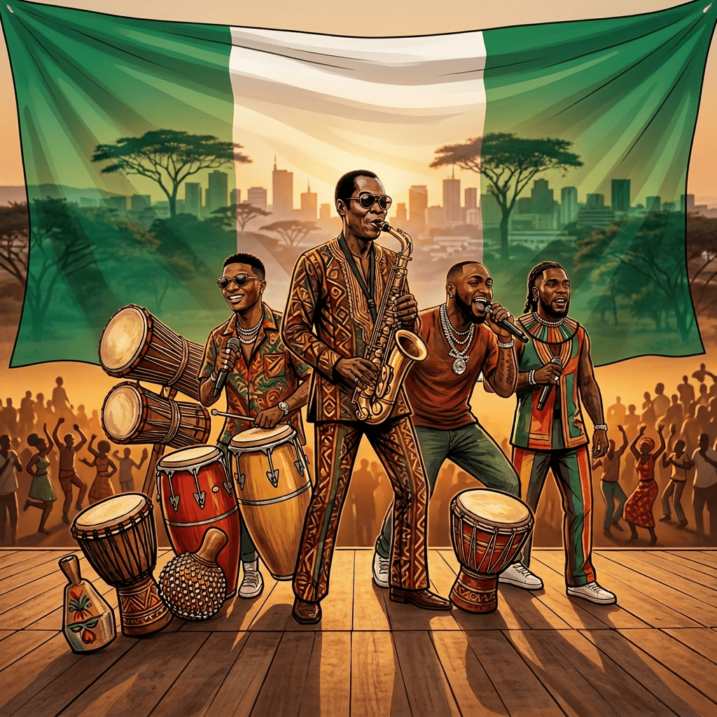 Four musicians perform with saxophones, drums, and microphones before a dancing crowd.