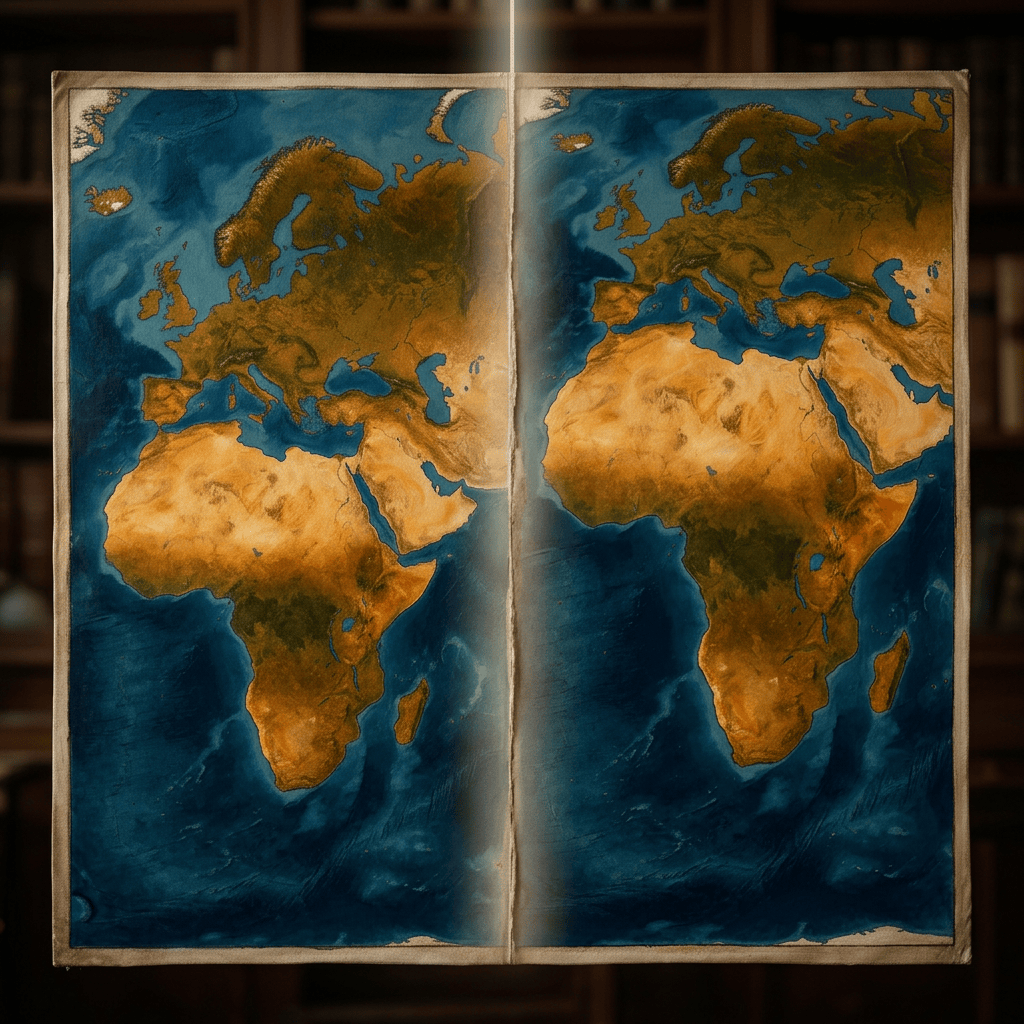 Illustrated world map of Europe, Africa, and Asia across an open book