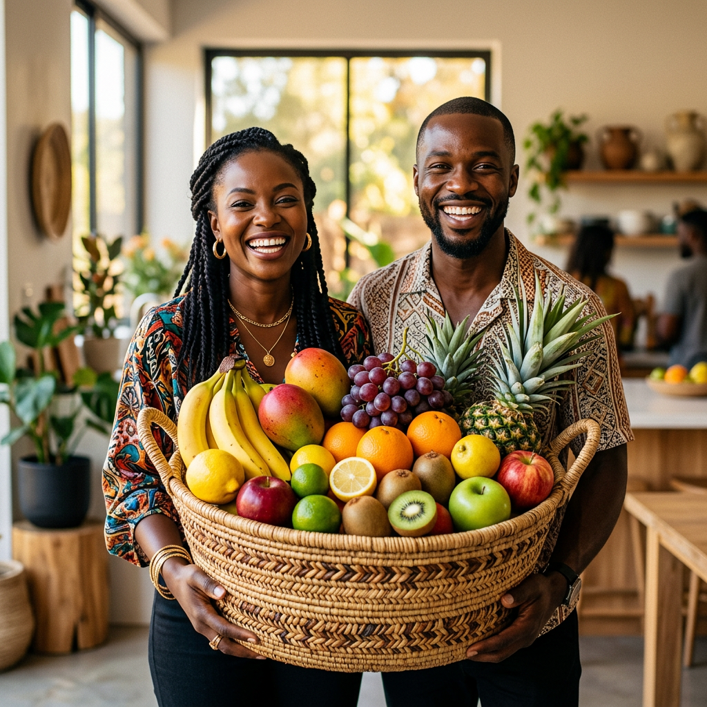 Smiling couple holding a large basket filled with assorted fresh fruit
