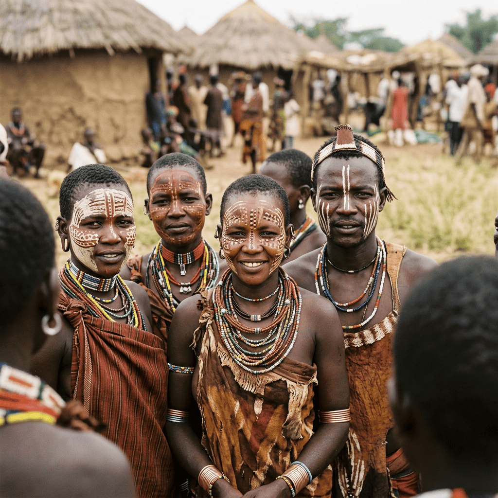 Four people in traditional clothing and white face paint at a village gathering