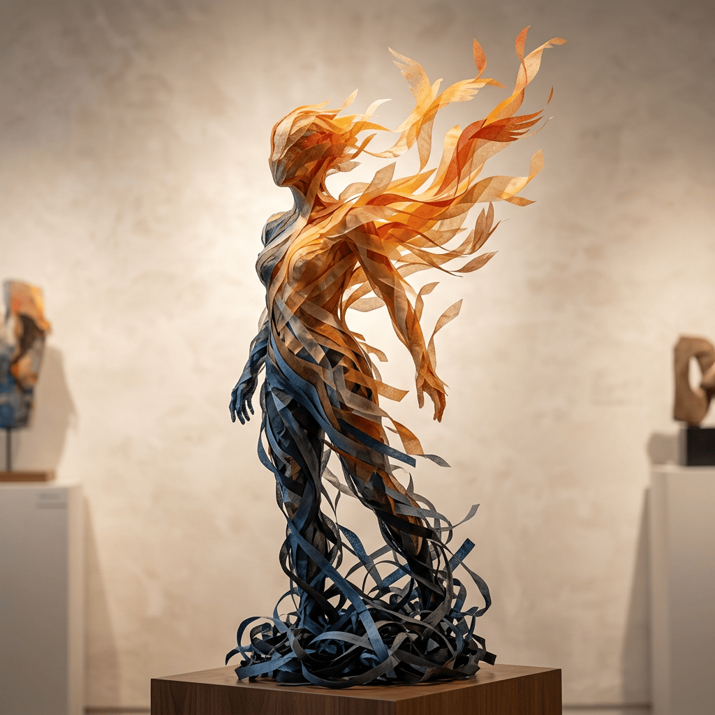 Abstract human sculpture made of flowing dark and orange ribbon-like forms