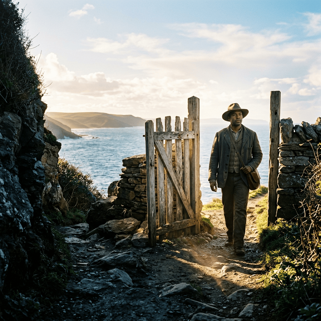 Traveler walking through a wooden gate on a rocky coastal path